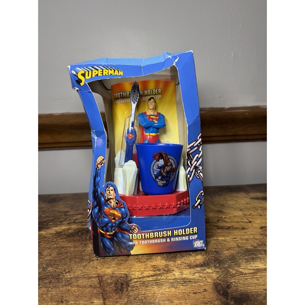 RARE Superman Toothbrush Holder, Toothbrush, and Rinse Cup. Damaged Box